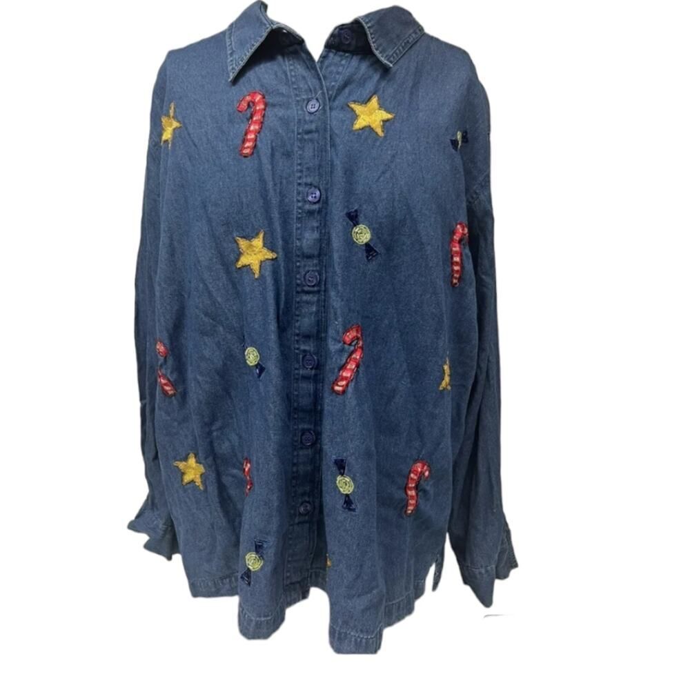 Quacker factory christmas womens Chambray embroidered candy canes and stars